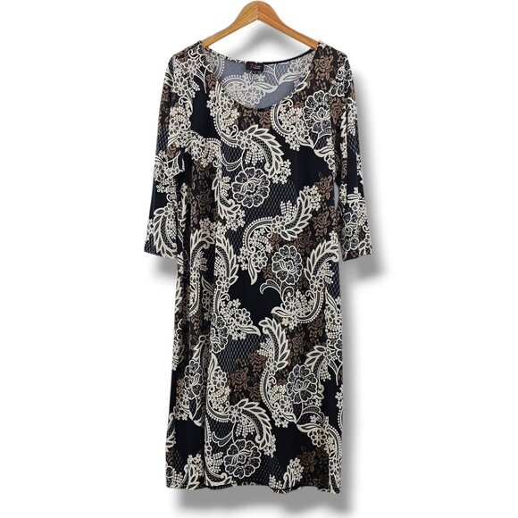 JM Studio Sheath Dress 2X Black Cream Floral Neutral Fall Lightweight Stretch - Picture 1 of 9